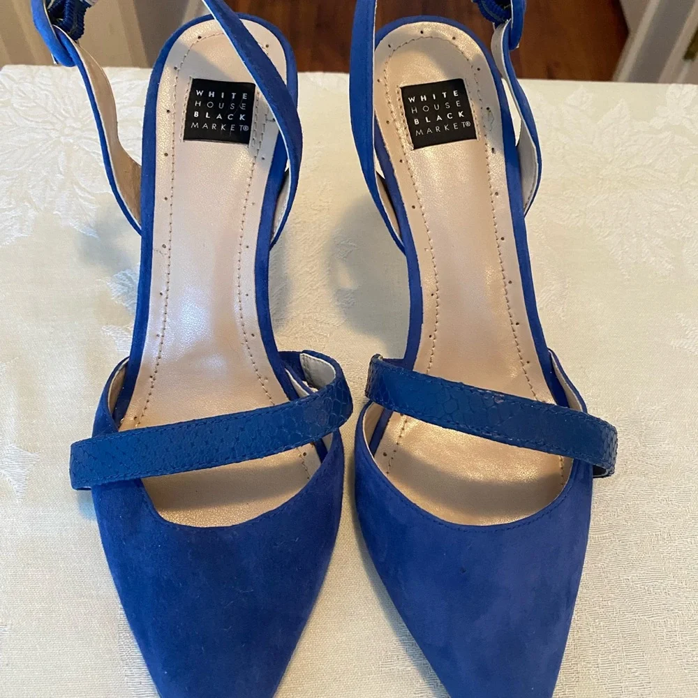 White House Black Market Royal Blue Suede Slingback With Snake Embossed Stran - Picture 5 of 9